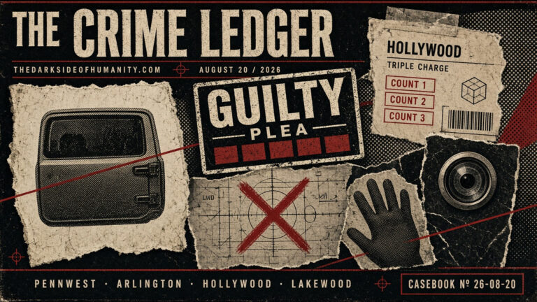 Crime scene evidence board with guilty plea and Hollywood ticket.