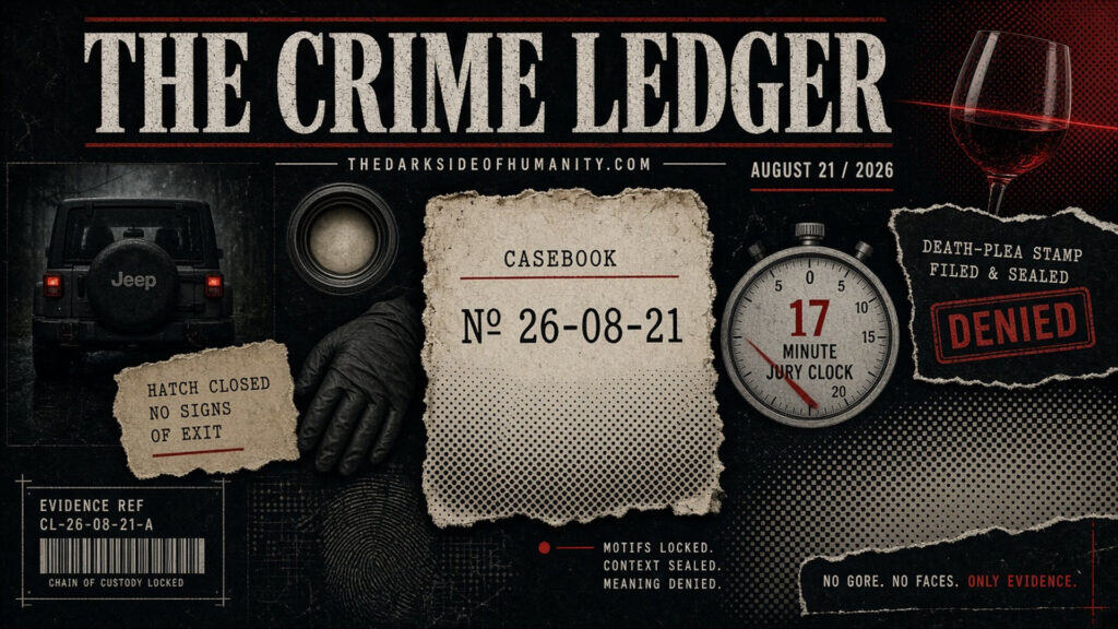 Crime ledger cover with case number, evidence, and stopwatch image.