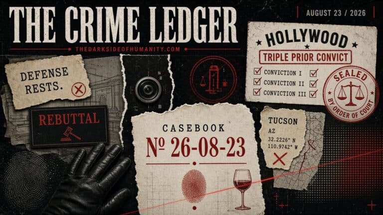 Crime ledger cover with fingerprint, camera, and legal symbols.