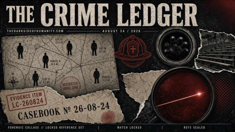 Crime ledger cover with evidence tag, fingerprint, and crime scene images.