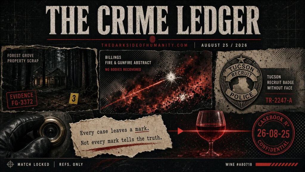 Dark crime scene with evidence markers, gun, and a glass of wine.