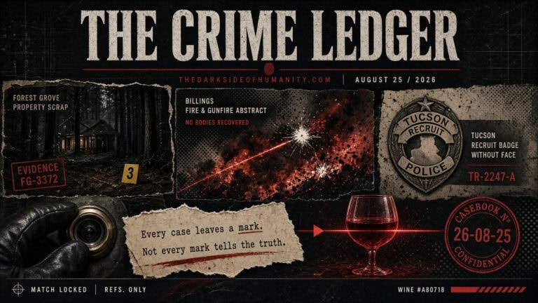 Dark crime scene with evidence markers, gun, and a glass of wine.