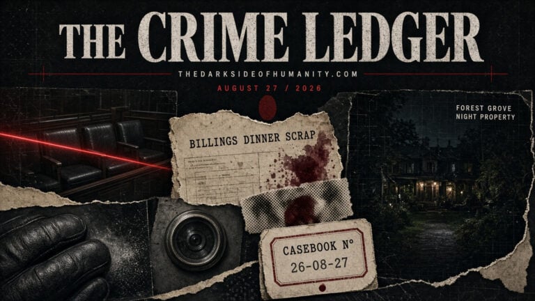 Dark themed image with crime evidence and newspaper clippings for SEO.