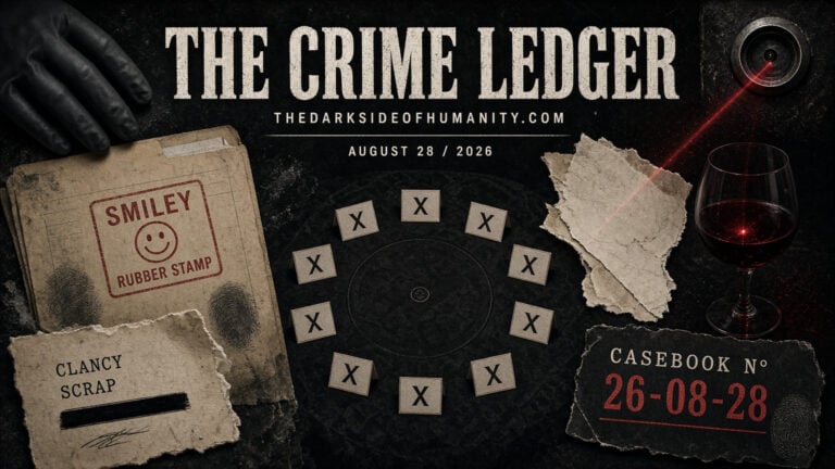 Dark themed image with crime-related elements and a red laser pointer.