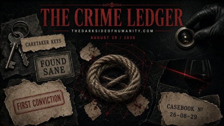 Dark-themed crime ledger with keys, rope, and case number for crime investigation.