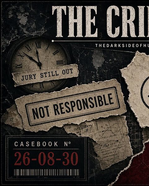 Crime ledger with evidence, smiley face, and responsible note.