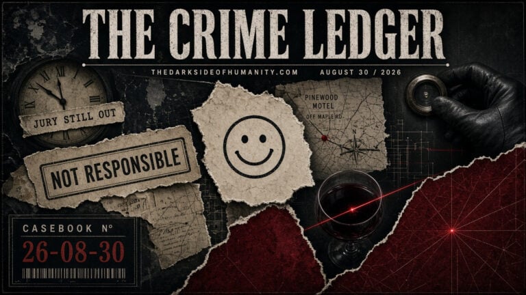 Crime ledger with evidence, smiley face, and responsible note.