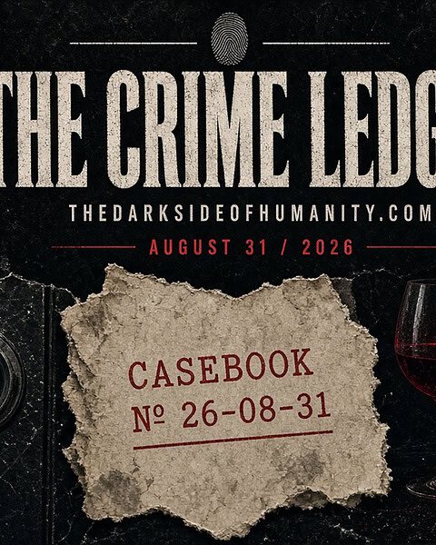 Crime ledger cover with a glass of wine and a torn casebook page.