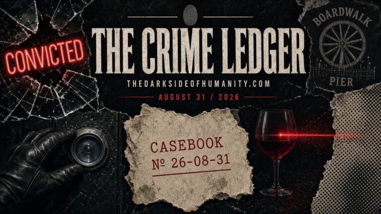 Crime ledger cover with a glass of wine and a torn casebook page.