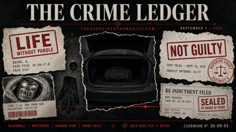 Dark crime scene with evidence bag, sealed case file, and court documents.
