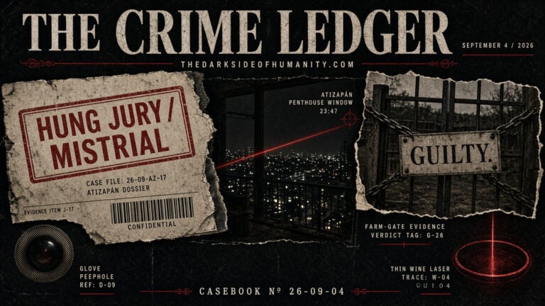 Crime scene evidence with 'Guilty' sign and jury mistrial notice.