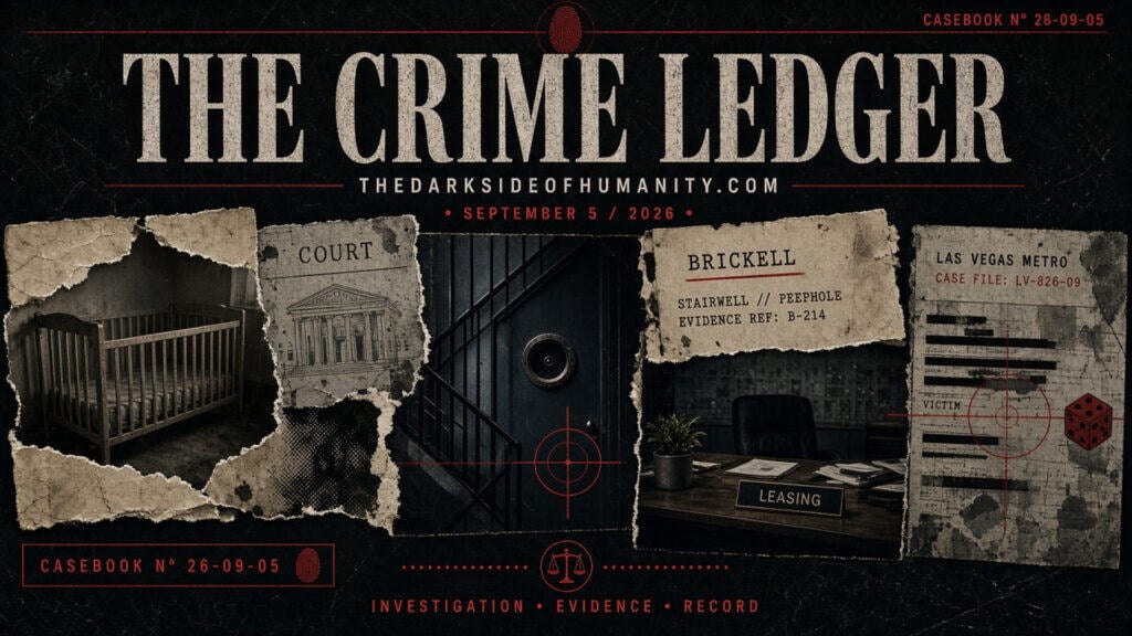 Crime ledger cover with torn paper, court, and evidence images for investigation.