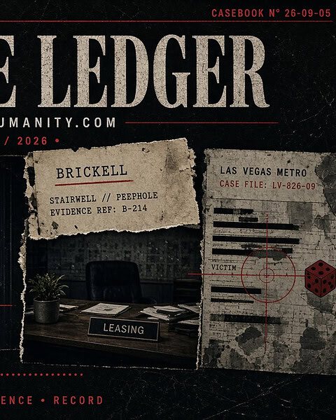 Crime ledger cover with torn paper, court, and evidence images for investigation.