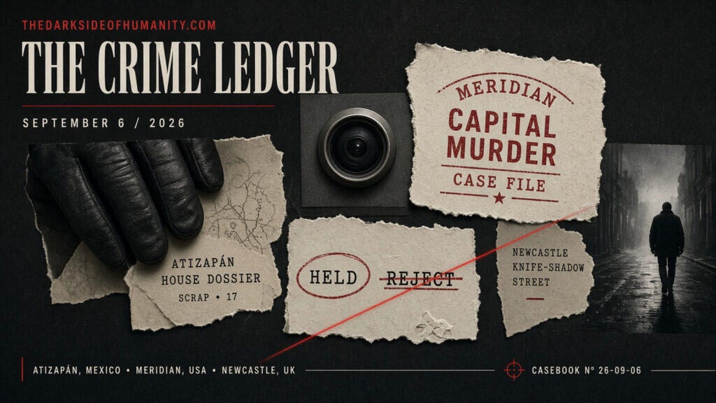 Cover of The Crime Ledger magazine featuring case files and evidence photos.