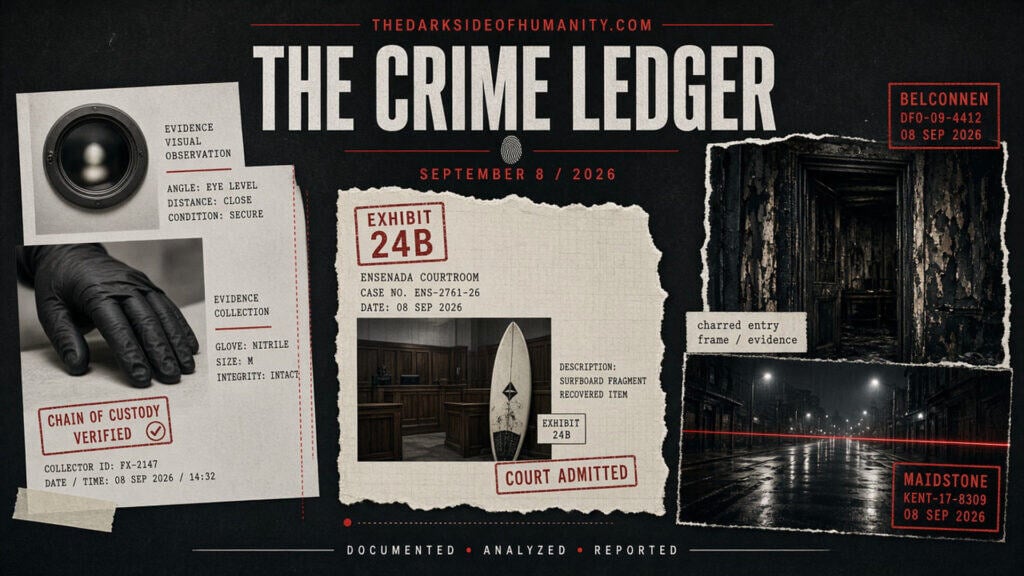 Dark crime scene with evidence markers and a charred entry frame.