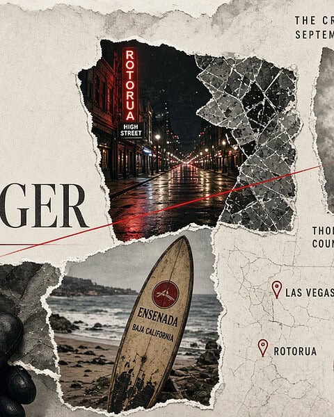 Dark crime scene with evidence file, city streets, and coastal scene in Las Vegas and Rotorua.