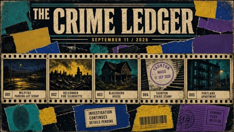 The Crime Ledger magazine cover featuring crime scene photos and investigation updates.