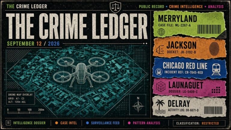 Futuristic drone surveillance overlay with crime data and digital cityscape background.
