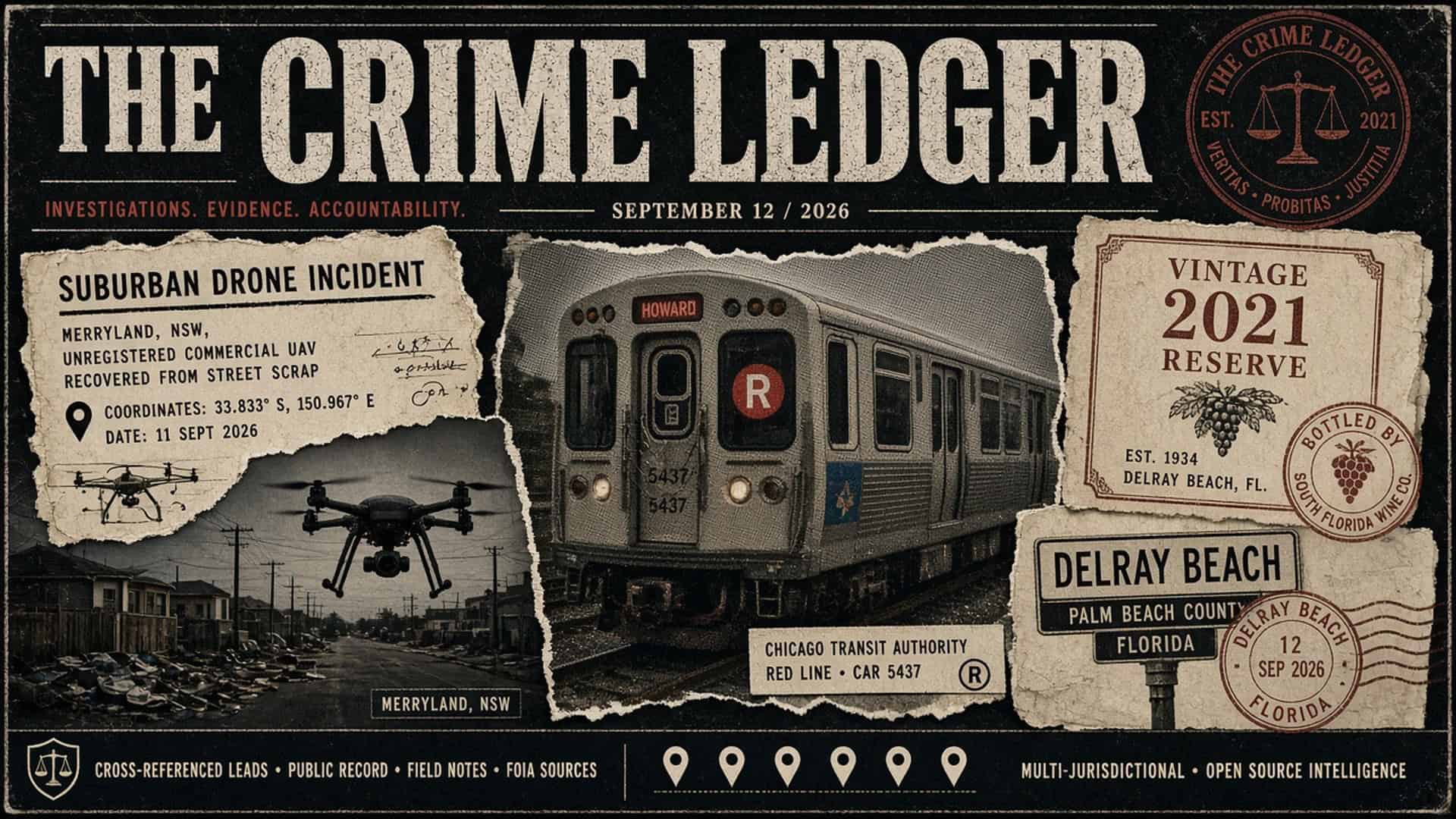 THE CRIME LEDGER cover for September 12, 2026. Distressed noir dossier with gothic skyline and evidence scraps for Merrylands West, Jackson, Chicago, Launaguet, Delray Beach.