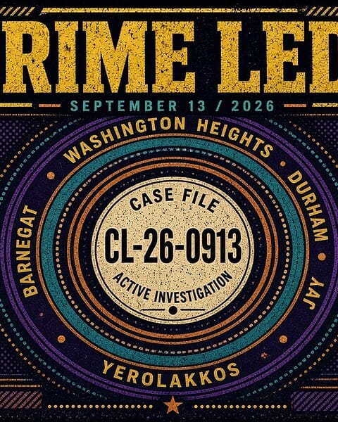 Dark-themed crime ledger cover with case file number and investigative details.