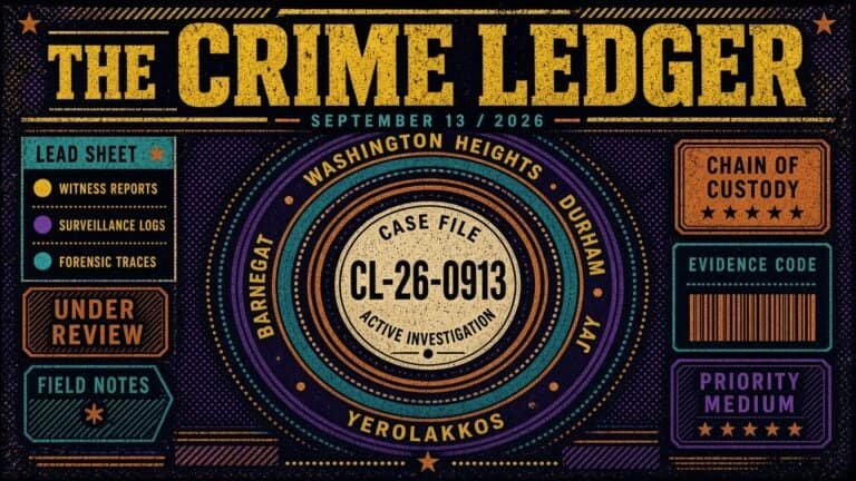 Dark-themed crime ledger cover with case file number and investigative details.