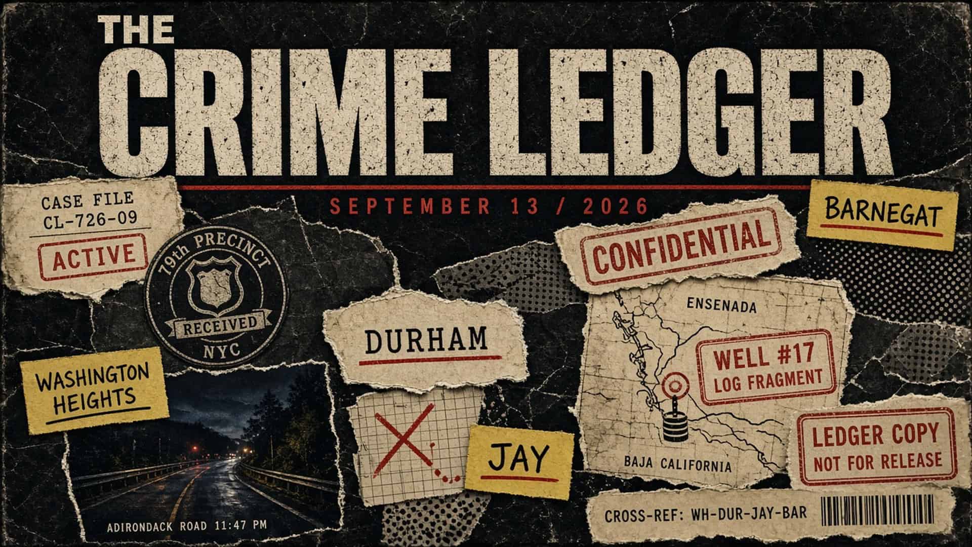 THE CRIME LEDGER cover for September 13, 2026. Distressed noir dossier with gothic skyline and evidence scraps for Washington Heights, Durham, Jay, Yerolakkos, Barnegat.