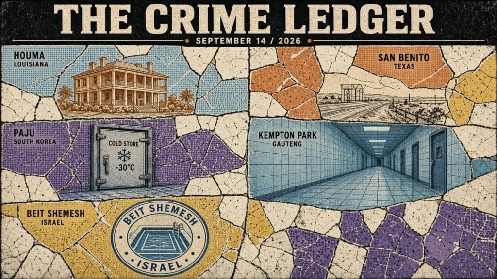 Mosaic map of crime scenes across various cities and countries.
