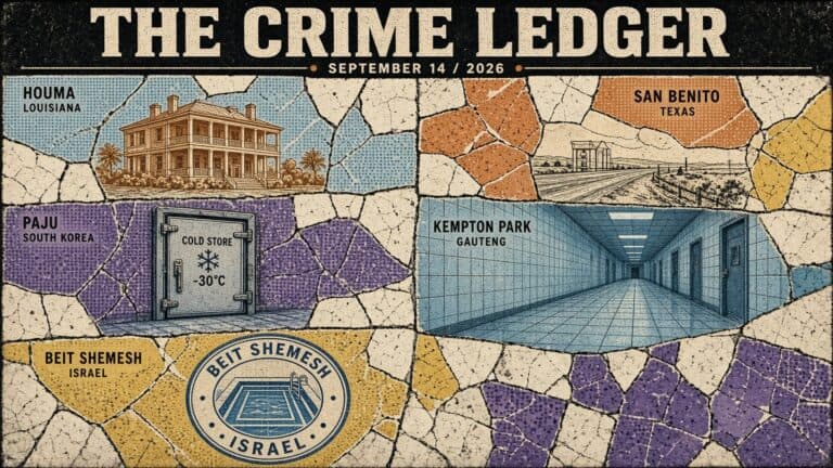 Mosaic map of crime scenes across various cities and countries.