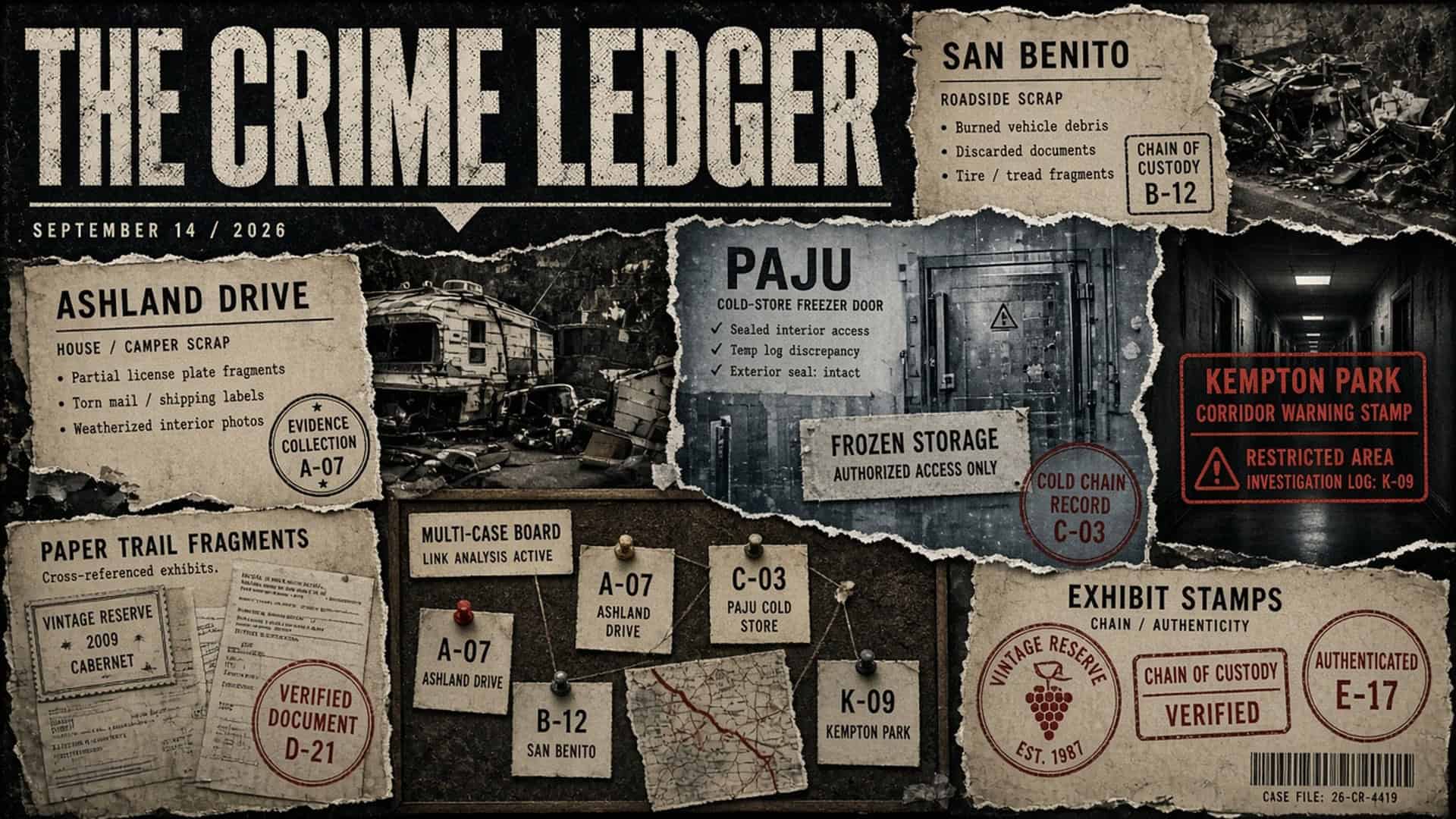 THE CRIME LEDGER cover for September 14, 2026. Distressed noir dossier with gothic skyline and evidence scraps for Houma, San Benito, Paju, Kempton Park, Beit Shemesh.