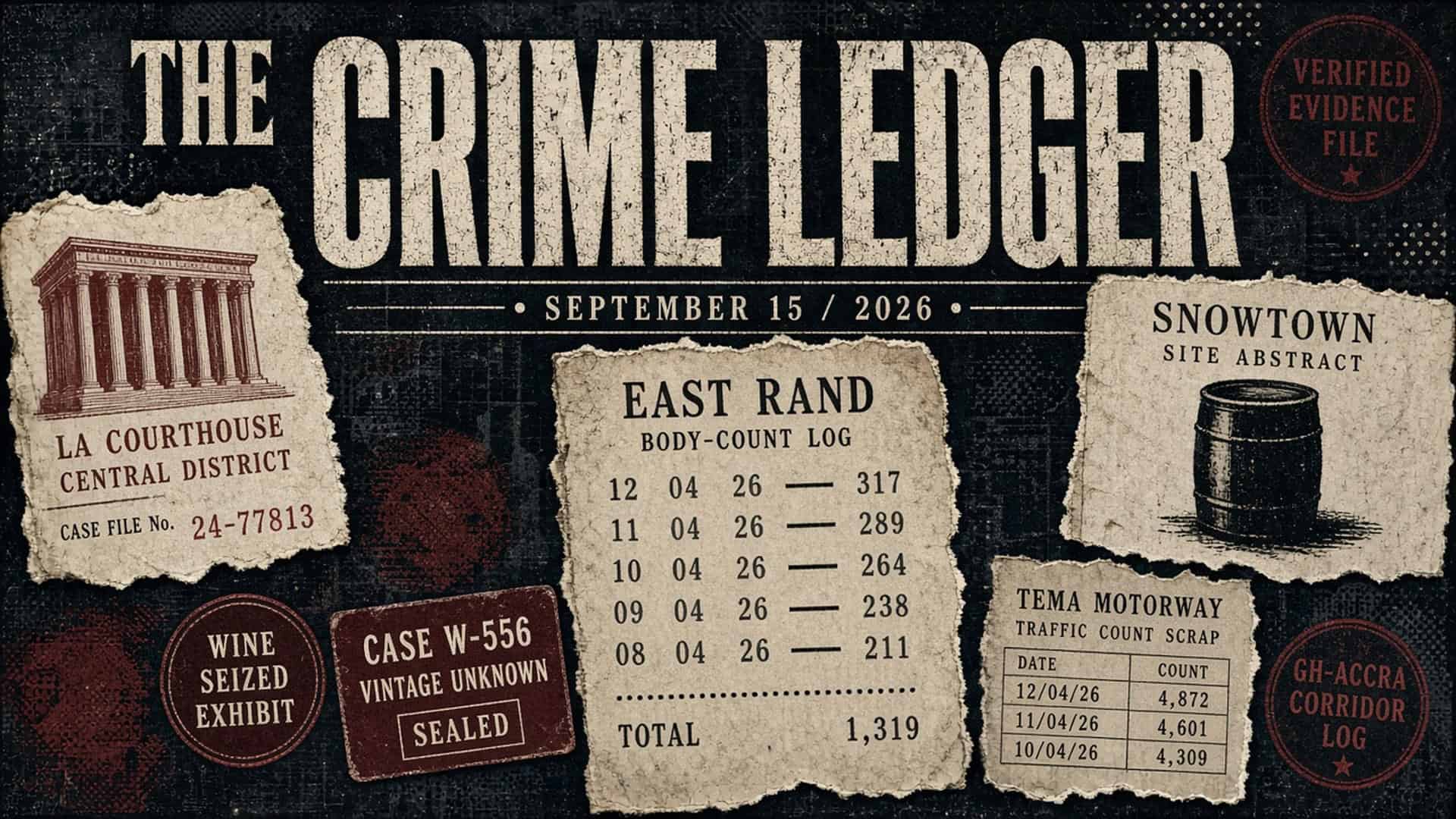 THE CRIME LEDGER cover for September 15, 2026. Distressed noir dossier with gothic skyline and evidence scraps for Brentwood, Kempton Park, Adelaide, Accra, Tamenglong.