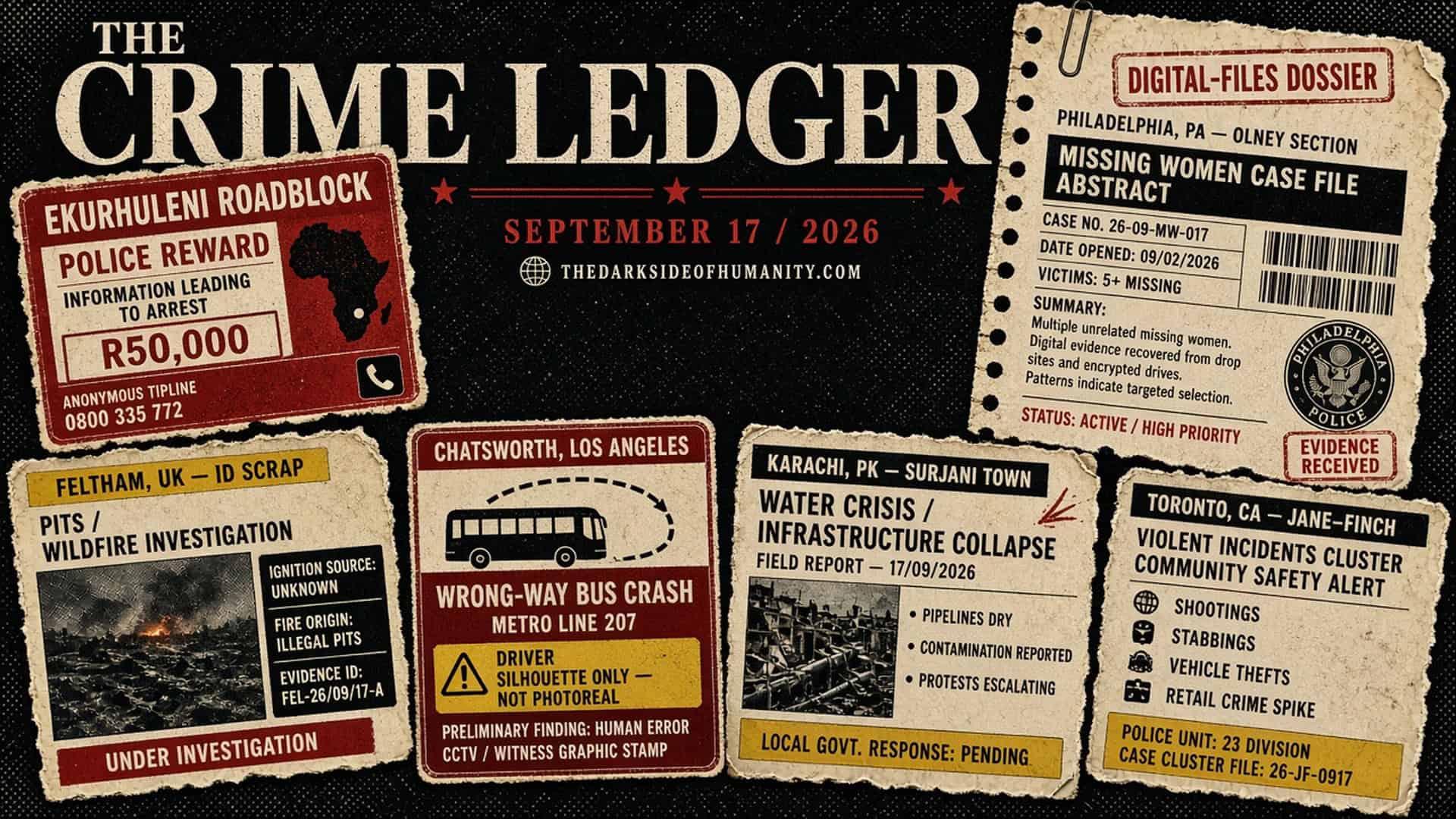 THE CRIME LEDGER cover for September 17, 2026. Distressed noir dossier with gothic skyline and evidence scraps for Ekurhuleni, Philadelphia, Feltham, Chatsworth, The Hague.