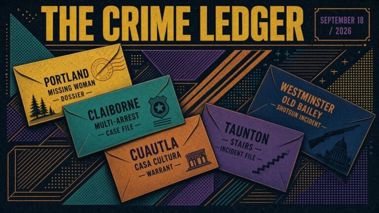 Crime ledger with case files from Portland, Claiborne, Cuautla, Taunton, and Westminster.