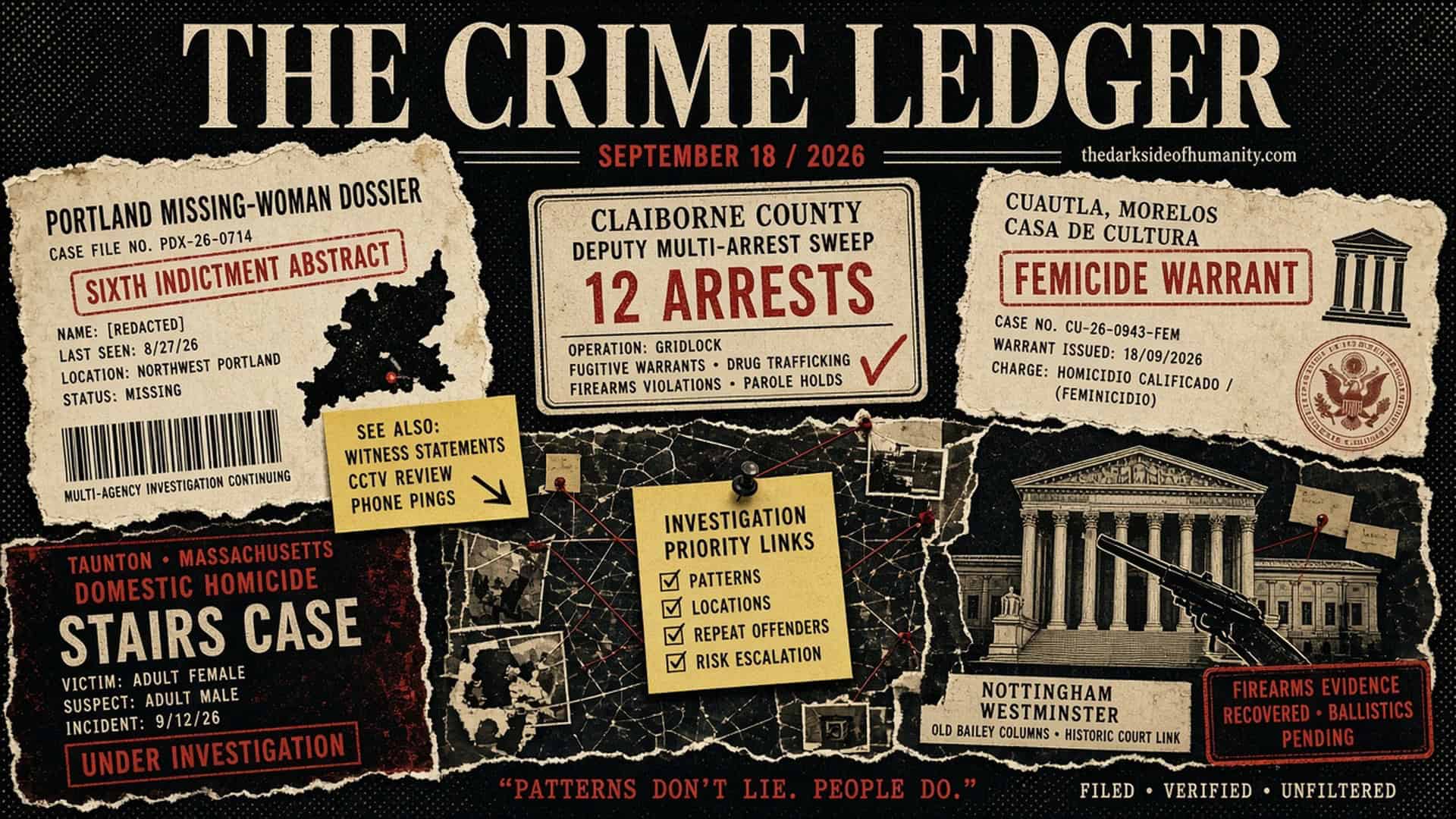 THE CRIME LEDGER cover for September 18, 2026. Distressed noir dossier with gothic skyline and evidence scraps for Portland, Claiborne County, Cuautla, Chatsworth, Brentwood.