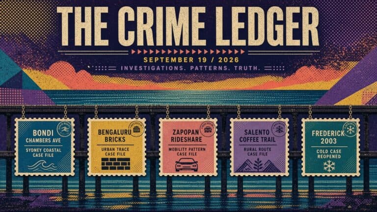 The Crime Ledger poster with colorful design and case files from various cities.