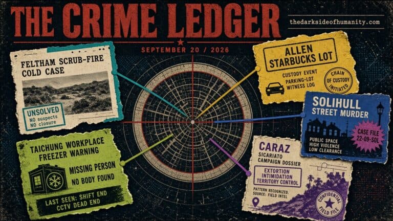 Dark side of humanity themed crime investigation poster with case details and suspects.