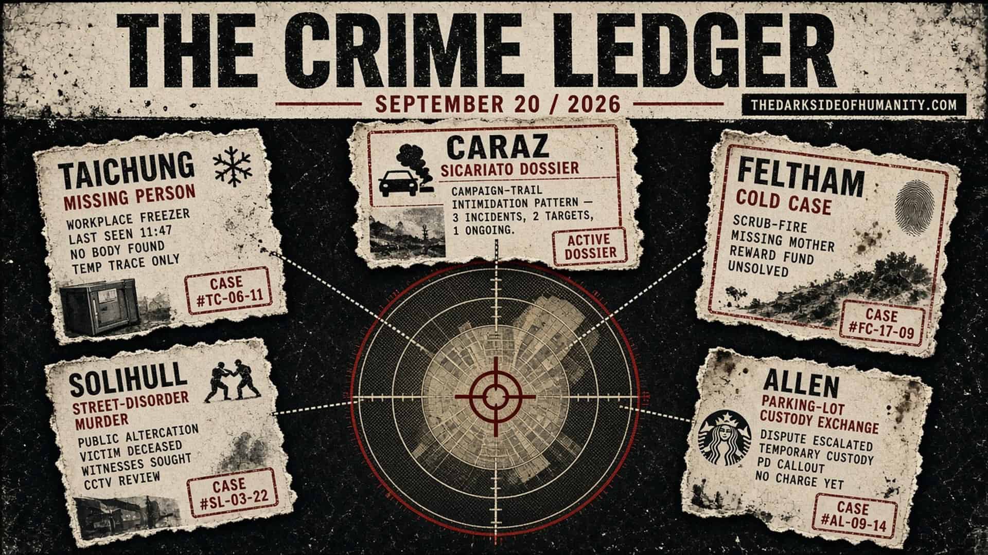 THE CRIME LEDGER cover for September 20, 2026. Distressed noir dossier with gothic skyline and evidence scraps for Caraz, Feltham, Allen, Colorado Springs, Solihull.