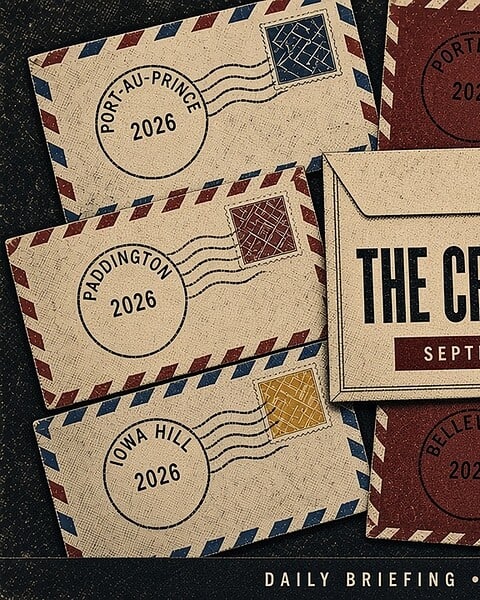 THE CRIME LEDGER cover for September 21, 2026. Stacked airmail envelopes with a wax-sealed title envelope and postmarks for Port-au-Prince, Portland, North Olmsted, Paddington, Delphi, Iowa Hill, Belleville and Valley Heights.