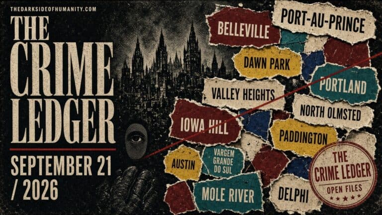 THE CRIME LEDGER cover for September 21, 2026. Distressed noir dossier with gothic skyline and evidence scraps for Port-au-Prince, Belleville, Dawn Park, Valley Heights, Portland, North Olmsted, Iowa Hill, Paddington, Mole River, Delphi.