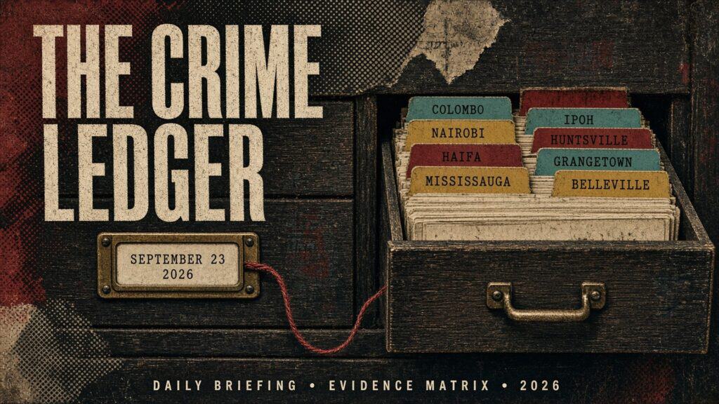 THE CRIME LEDGER cover for September 23, 2026. An open card-catalog drawer with index tabs for Colombo, Ipoh, Nairobi, Huntsville, Haifa, Grangetown, Mississauga and Belleville.