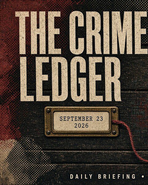 THE CRIME LEDGER cover for September 23, 2026. An open card-catalog drawer with index tabs for Colombo, Ipoh, Nairobi, Huntsville, Haifa, Grangetown, Mississauga and Belleville.
