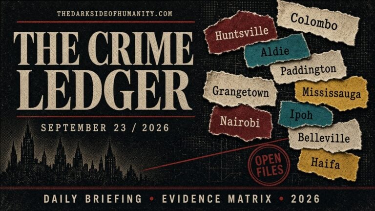 THE CRIME LEDGER cover for September 23, 2026. Distressed noir dossier with gothic skyline and evidence scraps for Colombo, Huntsville, Aldie, Paddington, Mississauga, Grangetown, Nairobi, Ipoh, Belleville, Haifa.