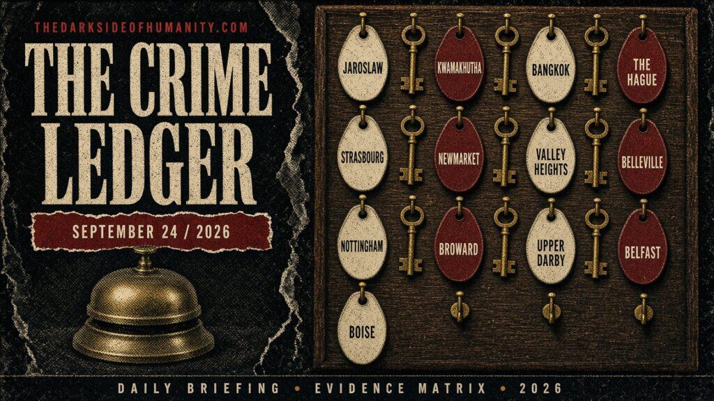 THE CRIME LEDGER cover for September 24, 2026. A brass hotel front-desk bell sits below the masthead and date, beside a wooden key rack of brass keys and cream and wine-red tags naming Jarosław, KwaMakhutha, Bangkok, The Hague, Strasbourg, Newmarket, Valley Heights, Belleville, Nottingham, Broward, Upper Darby, Belfast and Boise.
