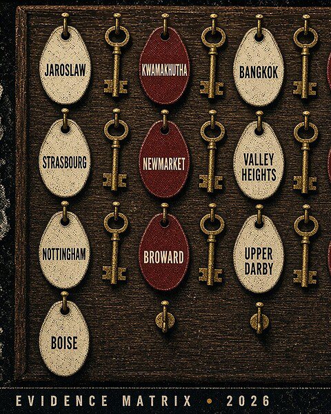 THE CRIME LEDGER cover for September 24, 2026. A brass hotel front-desk bell sits below the masthead and date, beside a wooden key rack of brass keys and cream and wine-red tags naming Jarosław, KwaMakhutha, Bangkok, The Hague, Strasbourg, Newmarket, Valley Heights, Belleville, Nottingham, Broward, Upper Darby, Belfast and Boise.