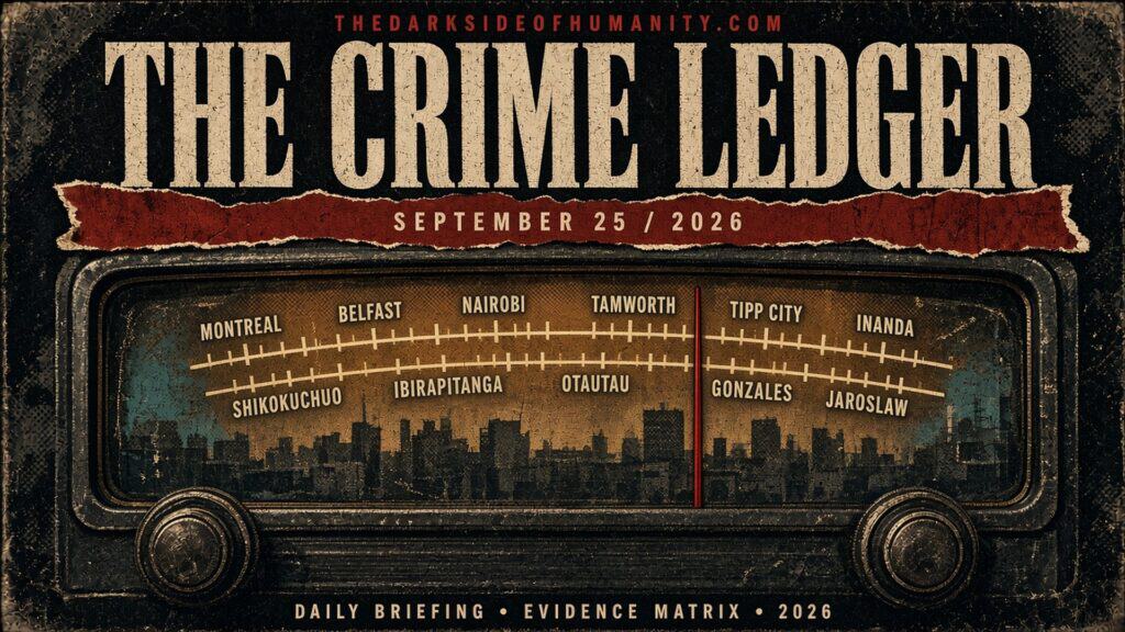 THE CRIME LEDGER cover for September 25, 2026. Distressed halftone illustration of a vintage radio tuning dial over a city skyline, marked with Jarosław, Montreal, Tipp City, Otautau, Tamworth, Nairobi, Inanda, Belfast, Gonzales, Shikokuchuo, Ibirapitanga.