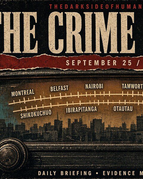 THE CRIME LEDGER cover for September 25, 2026. Distressed halftone illustration of a vintage radio tuning dial over a city skyline, marked with Jarosław, Montreal, Tipp City, Otautau, Tamworth, Nairobi, Inanda, Belfast, Gonzales, Shikokuchuo, Ibirapitanga.