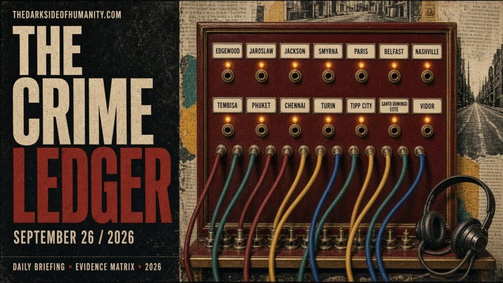 The Crime Ledger, September 26, 2026: halftone collage of a vintage wine-red telephone switchboard with glowing amber lamps and colored patch cords, jack labels reading Edgewood, Jaroslaw, Jackson, Smyrna, Paris, Belfast, Nashville, Tembisa, Phuket, Chennai, Turin, Tipp City, Santo Domingo Este and Vidor.