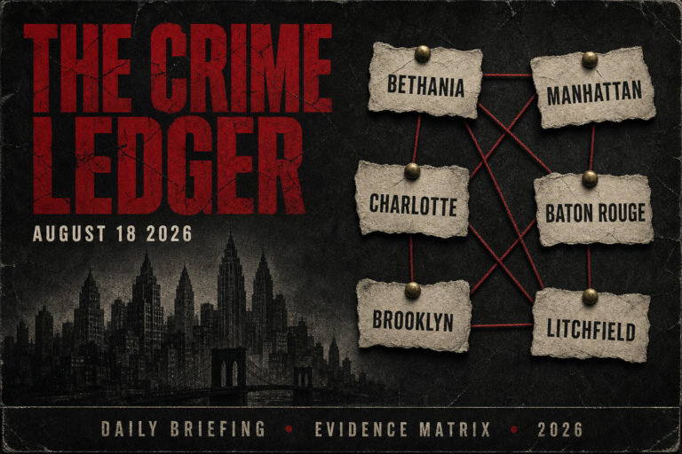 Distressed noir Crime Ledger dossier cover dated August 18 2026, wine-red cracked title, gothic skyline, red-pin scraps for Bethania, Manhattan, Charlotte, Baton Rouge, Brooklyn, and Litchfield.