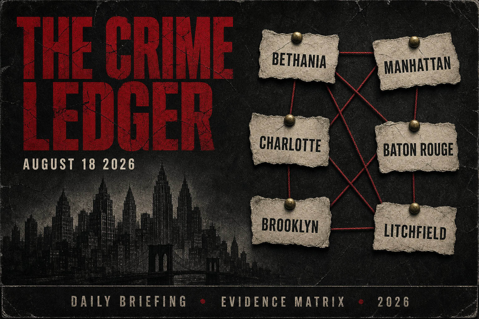 Distressed noir Crime Ledger dossier cover dated August 18 2026, wine-red cracked title, gothic skyline, red-pin scraps for Bethania, Manhattan, Charlotte, Baton Rouge, Brooklyn, and Litchfield.