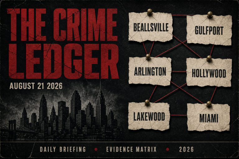 Distressed noir Crime Ledger dossier cover dated August 21 2026, wine-red cracked title, gothic skyline, red-pin scraps for Beallsville, Gulfport, Arlington, Hollywood, Lakewood, and Miami.