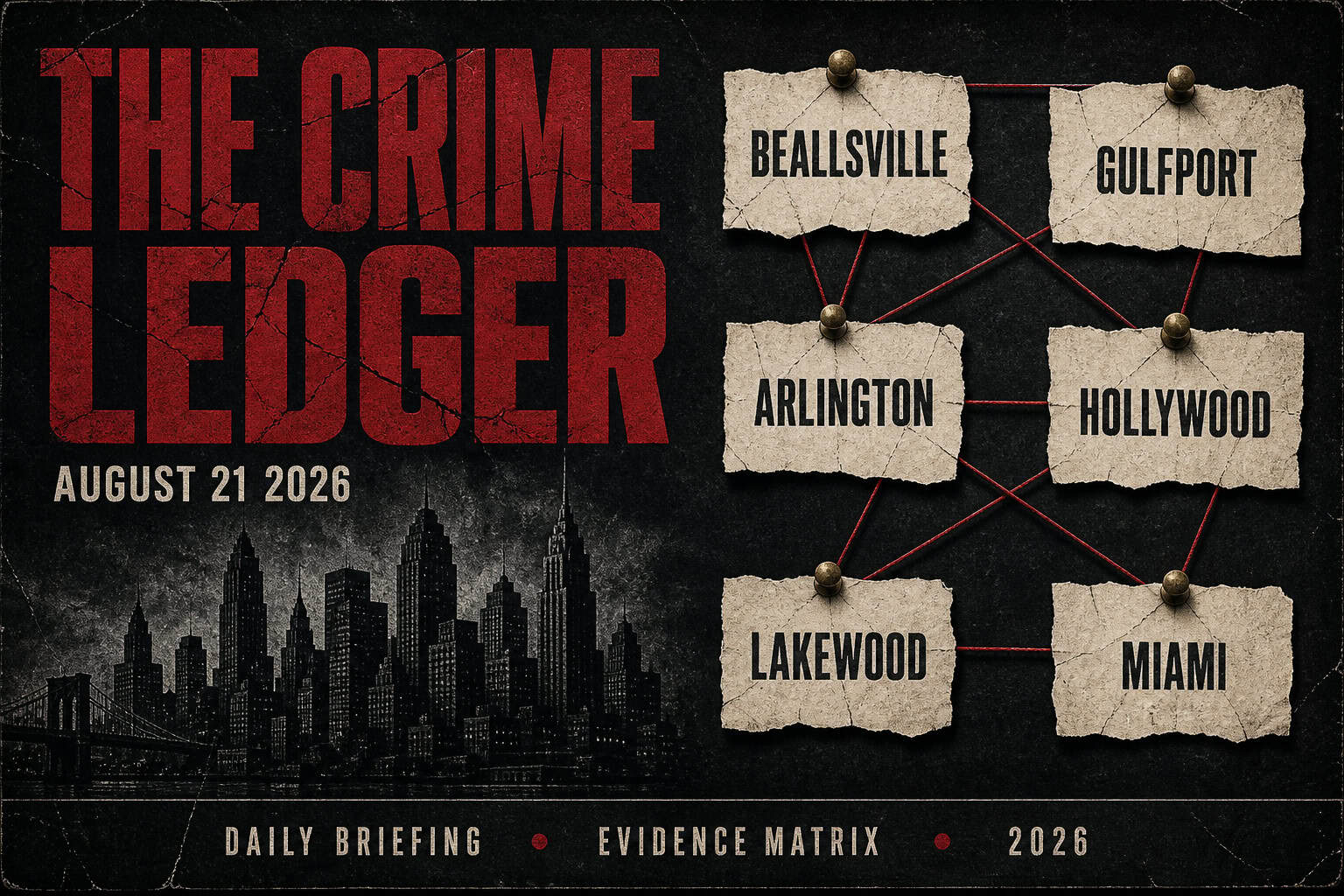 Distressed noir Crime Ledger dossier cover dated August 21 2026, wine-red cracked title, gothic skyline, red-pin scraps for Beallsville, Gulfport, Arlington, Hollywood, Lakewood, and Miami.